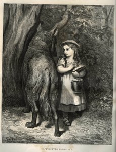 Beim Durchqueren des Waldes trifft Rotkäppchen den Wolf. Gravur von Gustave Doré (1832-1883) aus „Les contes“ von Charles Perrault (1628-1703) von Unbekannt