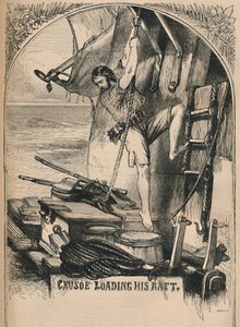 Crusoe belädt sein Floß, ca. 1870