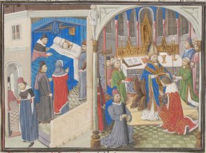 Tod von Amalrich I. von Jerusalem. Krönung von Balduin IV. Miniatur aus der Historia von Wilhelm von Tyrus, 1460er