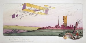 Anfänge der Luftfahrt: Maurice Farman (1878-1964) in seinem Doppeldeckerflugzeug mit einem Renault-Motor während des Rennens "Voyage de Bac à Chartres", ca. 1910