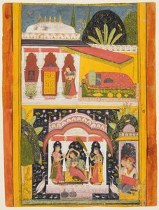 Desavarari Ragini, aus einer Ragamala-Serie: Eine Dame und zwei Begleiterinnen in einer Laube in der Mitte, ca. 169