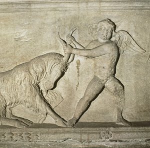 Detail eines griechischen Sarkophags aus Lydien, Darstellung eines Putto, der mit einer Ziege ringt von Unbekannt