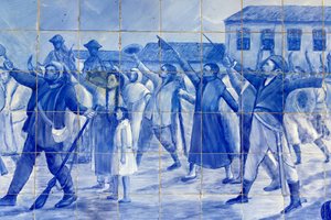 (Detail) Azulejo-Mosaik, das die Menschen von Cachoeira zeigt, die Prinz Pedro zujubeln, der Brasilien zur Unabhängigkeit führte, Cachoeira, Brasilien von Unbekannt