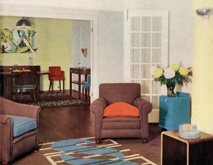 Esszimmer und Lounge in einer rekonstruierten Londoner Wohnung für Mrs. Harry Ewbank im Bryanston Court von Unbekannt