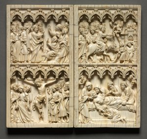 Diptychon mit Szenen aus dem Leben Christi linke Flügel: Auferweckung des Lazarus und Kreuzigung, um 135