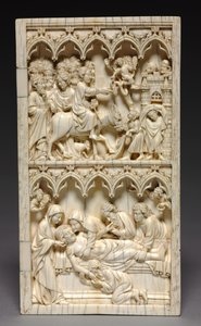 Diptychon mit Szenen aus dem Leben Christi rechter Flügel: Einzug in Jerusalem und Grablegung