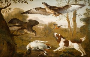 Hund bewacht eine tote Ente vor Raubvögeln, 1700-1800 von Unbekannt