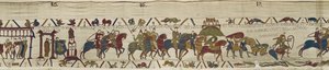 Herzog Wilhelm führt seine Armee in die Bretagne, wo Harold tapfer Soldaten aus dem Treibsand rettet, Teppich von Bayeux (Wollstickerei auf Leinen) von Unbekannt
