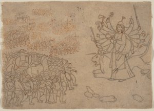 Durga konfrontiert die Armee des Dämons Chikshura: Szene aus dem Devi Mahatmya (ca. 1780) von Unbekannt