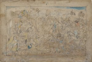 Durga, Kali und fünf Matrikas kämpfen gegen die Daitya-Armee des Dämons Shumbha... (ca. 1780) von Unbekannt