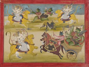 Durga kämpft gegen die Rakshashas Shunga und Nishunga, aus einem Devi Mahatmya, Mitte des 19. Jahrhunderts