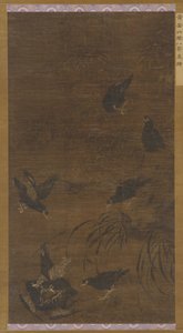 Acht Mynah-Vögel mit Bambus und Orchideen, Ming-Dynastie, 16. Jahrhundert von Unbekannt