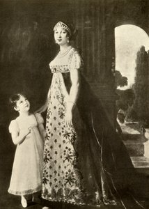 Empire-Kleid und Kinderkleid mit Valenciennes-Spitze besetzt, 1804, 1937 von Unbekannt
