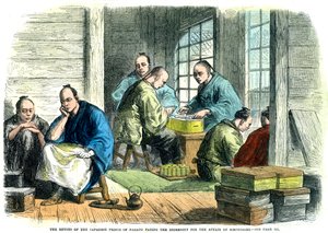 Gesandte des japanischen Prinzen von Nagato zahlen die Entschädigung für die Angelegenheit von Simonosaki, 1865