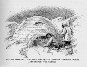 Eskimo-Schneehütte, die den äußeren Durchgang zeigt, durch den der Zutritt gewährt wurde, ca. 1927, 1928 von Unbekannt