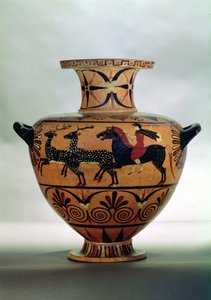 Etruskisch-ionische schwarzfigurige Hydria, die eine Jagdszene darstellt, aus Cerveteri, ca. 540-530 v. Chr. von Unbekannt