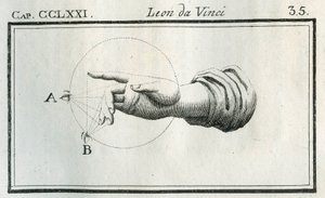 Studie zur Wahrnehmung der Finger einer sich bewegenden Hand. Stich aus „Traktat der Malerei“ von Leonardo da Vinci (Leonard de Vinci) (1452-1519). „Trattato della pittura di Lionardo da Vinci,“ Mailand, Societa tipografica von Unbekannt