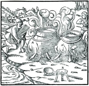 Verdunstung von Meerwasser in Eisenkesseln zur Salzgewinnung, 1556