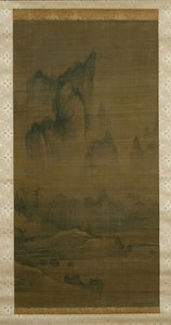 Abendglocke vom nebelverhangenen Tempel, Herbstmond über dem Dongting-See rechts, ca. 1450-1500