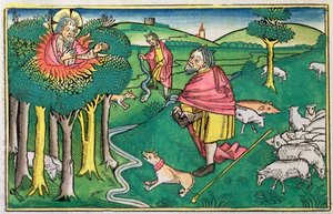 Exodus 3:1-22 und 4:1-4: der brennende Busch und Gott rüstet Moses mit dem Wunderstab aus von Unbekannt