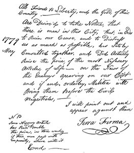 Faksimile einer Erklärung über die Nahrungsmittelknappheit in Amerika, 1779 um 1880 von Unbekannt