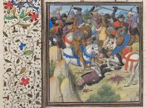 Kampf zwischen Christen und Sarazenen unter Saladin. Miniatur aus der Historia von Wilhelm von Tyrus, 1460er Jahre