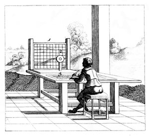 Figur übt perspektivisches Zeichnen