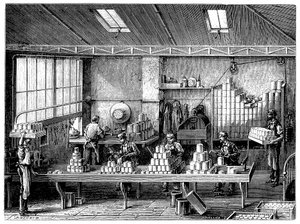 Füllen und Löten von Konservendosen, Frankreich, ca. 1870