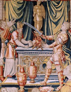 Flämischer Wandteppich. Serie Die Geschichte von Hannibal. Hannibals Eid. Erster Wandteppich der Serie. Kartons anonymer Meister der Niederlande. Herstellung Brüsseler Werkstätten. Ca. 1570. Stoff Wolle und Seide von Unbekannt