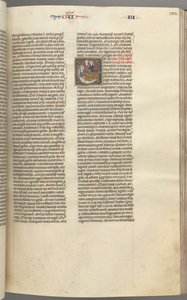Fol. 123r, Könige III, historiierte Initiale E, ein Diener bringt Abischag zu David..., ca. 1275-1300