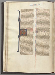 Fol. 20v, Exodus, historiierte Initiale H, Moses und zwei Anhänger mit den Gesetzestafeln, ca. 127 von Unbekannt