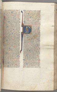 Fol. 218r, Psalm 26, historiierte Initiale D, David kniet und zeigt auf seine Augen, die Büste Gottes...