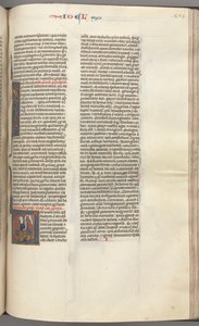 Fol. 353r, Joel, historiierte Initiale V, Joel sitzend mit einer Schriftrolle, Büste Gottes darüber, ca. 1275-1300