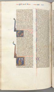 Fol. 358v, Micha, historisierte Initiale V, Micha kniend, Büste Gottes darüber, ca. 1275-1300 von Unbekannt