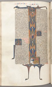 Fol. 391v, Matthäus, ganzseitige historiierte Initiale L, der Baum Jesse, mit einem schlafenden Jesse