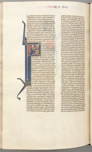 Fol. 412v, Lukas, historiierte Initiale F, Lukas betet an einem Altar, Büste Gottes darüber, um 1275-1300