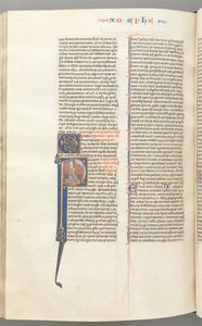 Fol. 450v, Epheser, historisierte Initiale P, Paulus sitzend mit einem Schwert, die Büste Gottes darüber, ca. 127 von Unbekannt