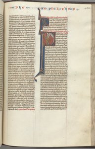 Fol. 452r, Philipper, historisierte Initiale P, Paulus mit einem Schwert und einer Schriftrolle, spricht zu t