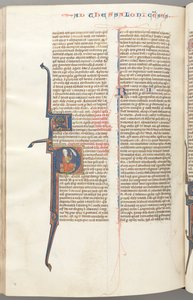 Fol. 455v, Thessalonicher II, historisierte Initiale P, Paulus sitzt mit einem Schwert..., ca. 1275-1300
