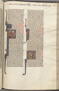 Fol. 459r, Philemon, historiierte Initiale P, Paulus spricht zu drei Männern und Hebräern..., ca. 1275-1300 von Unbekannt