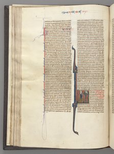 Fol. 46v, Numeri, historisierte Initiale L, Moses mit Hörnern, kniend vor Gott, um 1275-1300