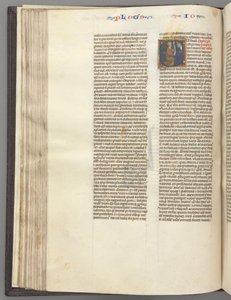 Fol. 76v, Josua, historiierte Initiale E, Josua mit einer Schriftrolle vor Gott kniend, um 1275-1300