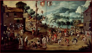 Faltbildschirm mit indischer Hochzeit und fliegendem Pfahl (Biombo con desposorio indígena y palo volador) von Unbekannt