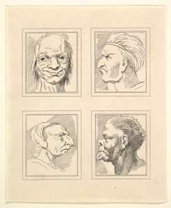 Vier Köpfe aus Characaturas von Leonardo da Vinci, nach Zeichnungen von Wincelslaus Hollar, 1786