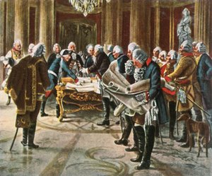 Friedrich der Große hält einen Kriegsrat mit seinen Generälen, August 1756, 1936