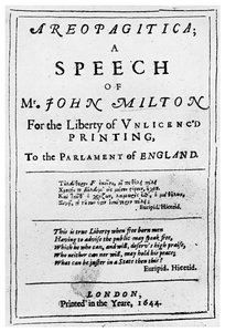 Pressefreiheit: Titelseite der Areopagitica von John Milton, 1644, 1956