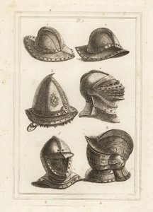 Französischer Eisenkesselhelm 1,2, gravierte Stahlkappe aus dem 16. Jahrhundert 3, großer heller Helm 4, offener Helm 5, verzierter Helm mit Visier 6 von Unbekannt