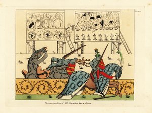 Französischer Ritter Jean de Saintre im Helm mit Distelwappen besiegt den spanischen Ritter Enguerrant im Helm mit Hirschwappen in einem Turnier aus dem Manuskript Histoire de Petit Jehan de Saintre, Ende des 15. Jahrhunderts