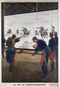 Französische Soldaten verwenden einen Film eines Kavallerieangriffs zum Schießtraining, 1912 von Unbekannt