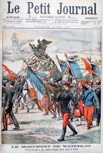 Französische Truppen marschieren am Denkmal der Schlacht von Waterloo vorbei, 1904